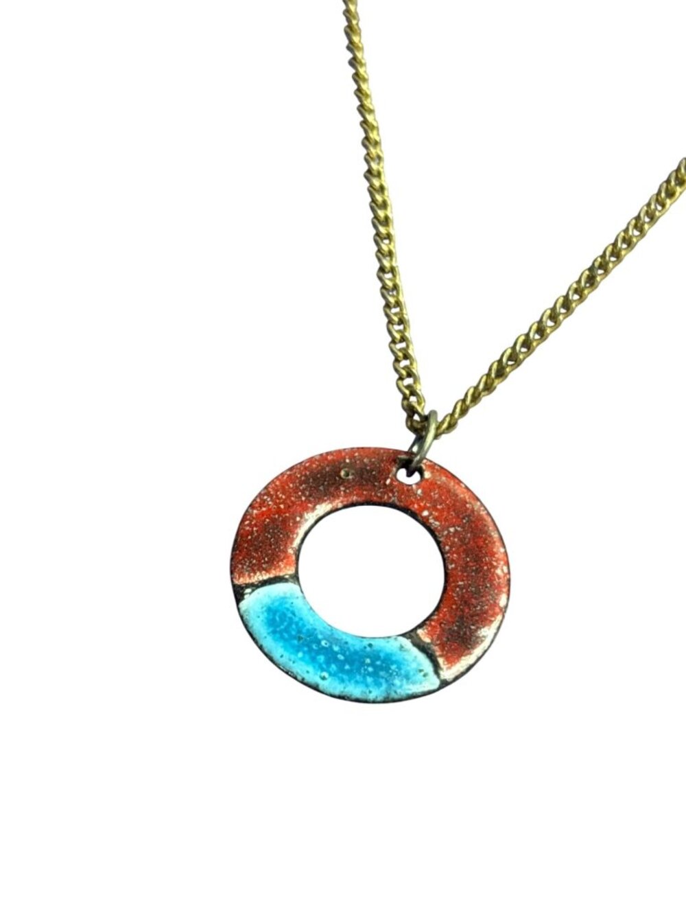 Vintage Artisan Enameled Circle Pendant Necklace Red Blue Goldtone Chain